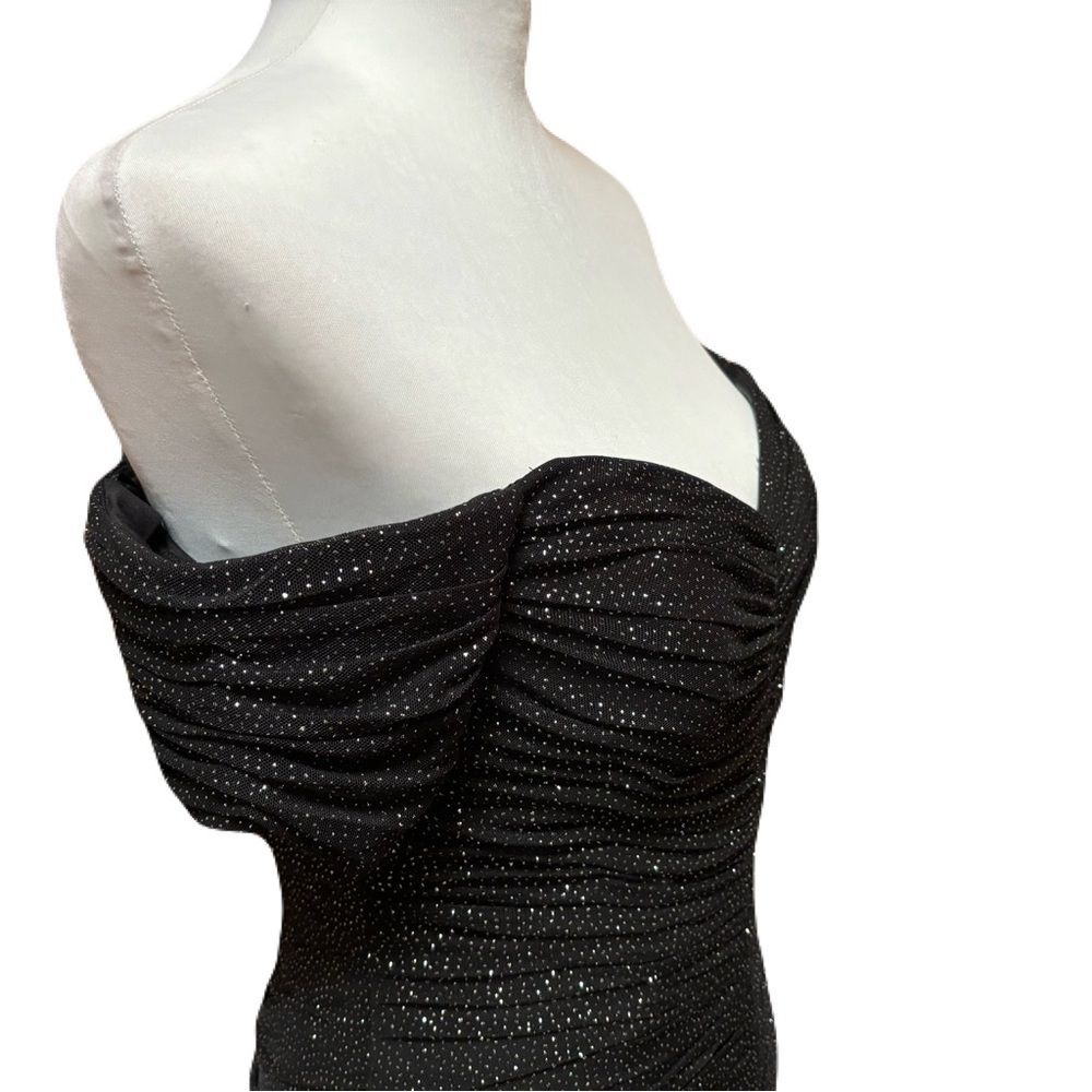NWT Eliza J Black Silver Glitter Ruched Off Shoulder Cocktail Dress Sz 6 - Picture 3 of 9